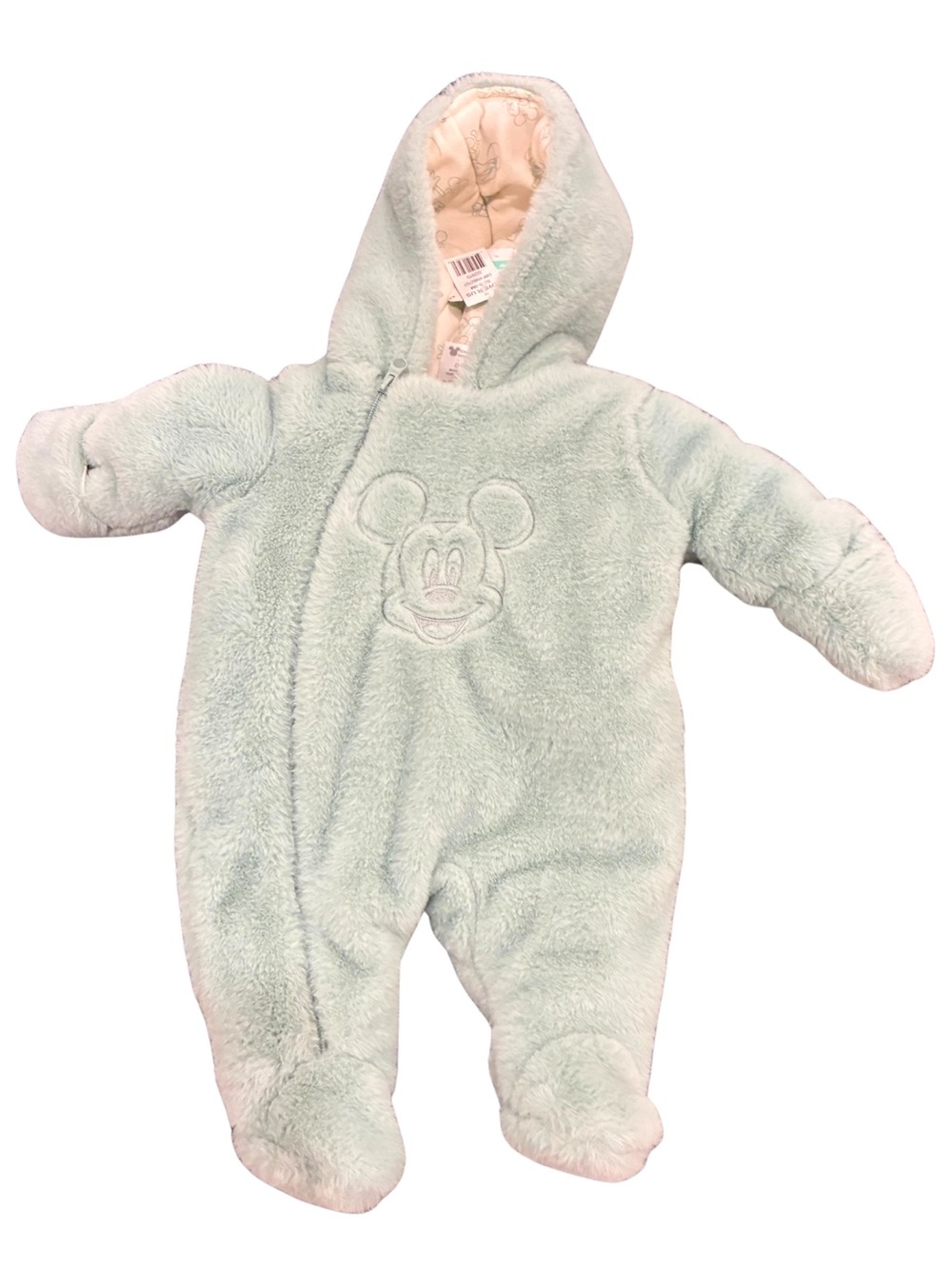 NWT Disney Mickey Mouse Baby Plush Fleece Hooded Pram Suit 0-3M Mint Green